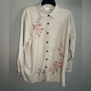 Appleseed's Beige Floral Embroidered linen blend Button Down Shirt 12 Medium